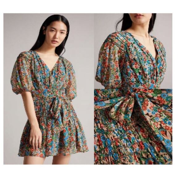 Ted Baker size 0 Tiania smock panel floral mini dress - Picture 1 of 4